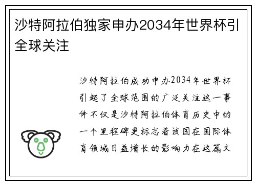 沙特阿拉伯独家申办2034年世界杯引全球关注